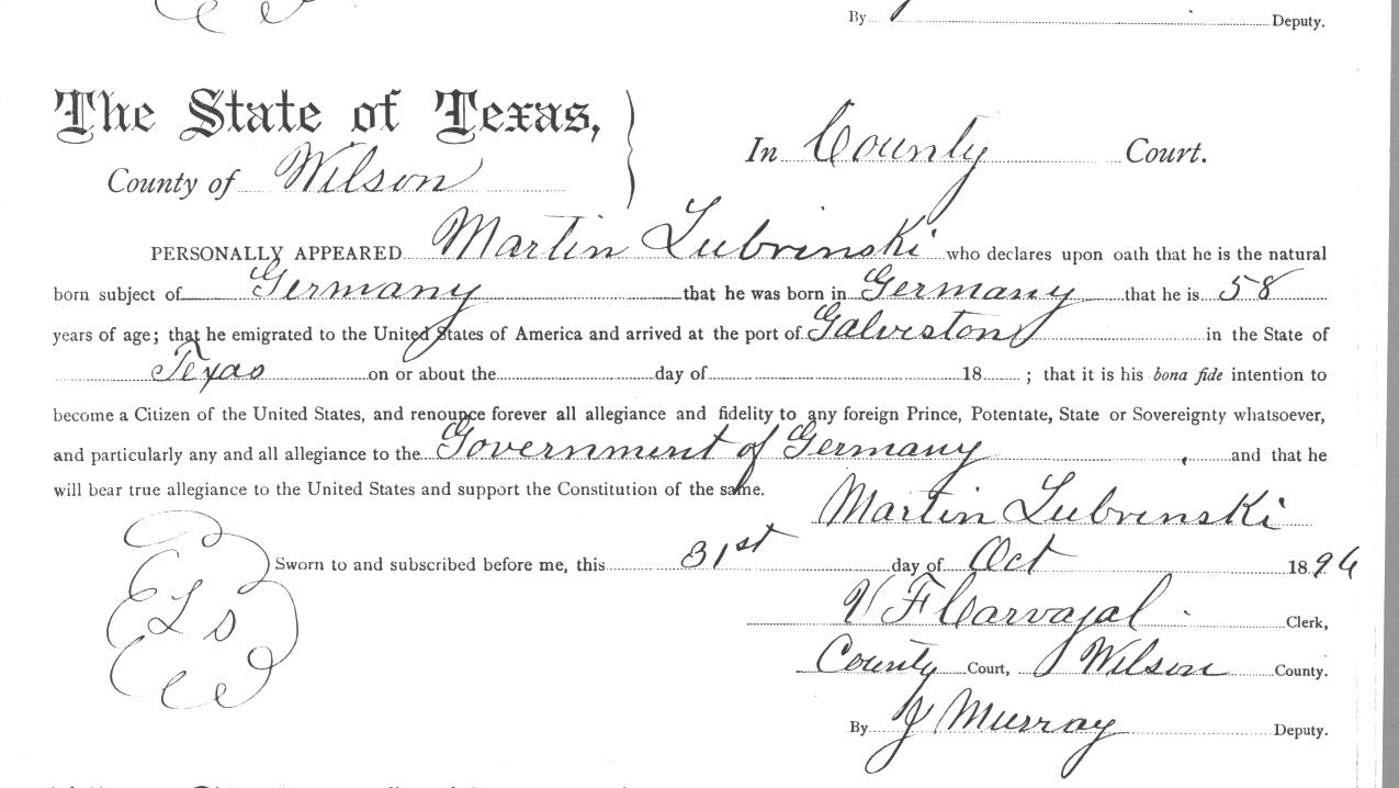 Martin Lubianski's 1894 declaration of intent to naturalize, Wilson County, Texas