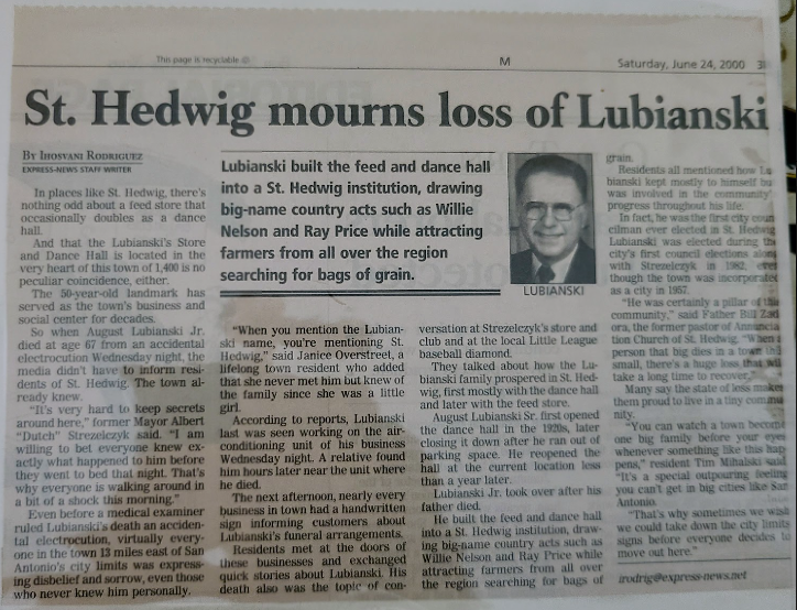 Newspaper clipping: St. Hedwig mourns loss of Lubianski
